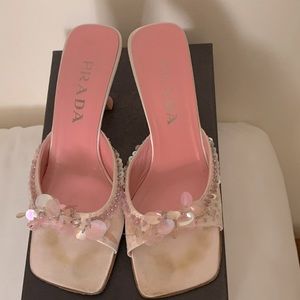 Prada  vintage size 38 1/2  Barbie Pink satin and embellished slides